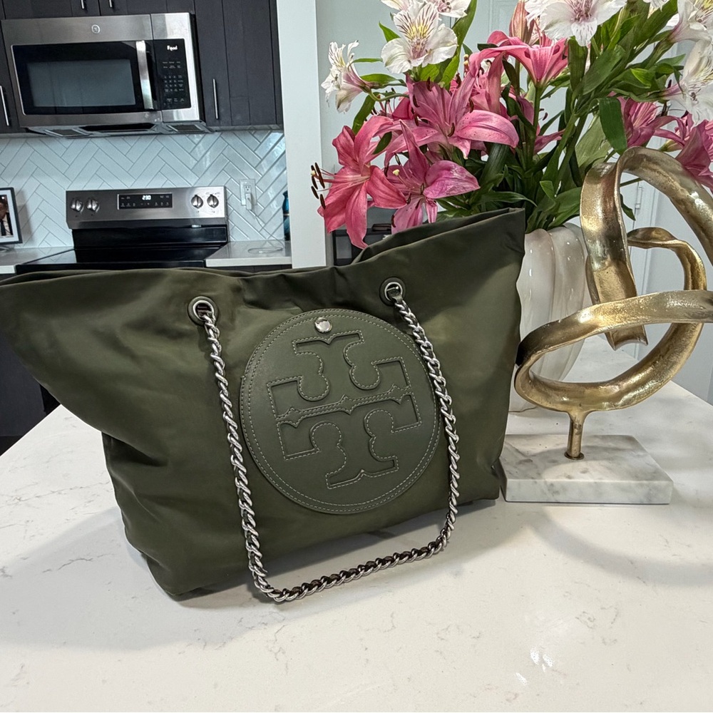 Tory Burch Olive Green Nylon Tote with Silver Chain